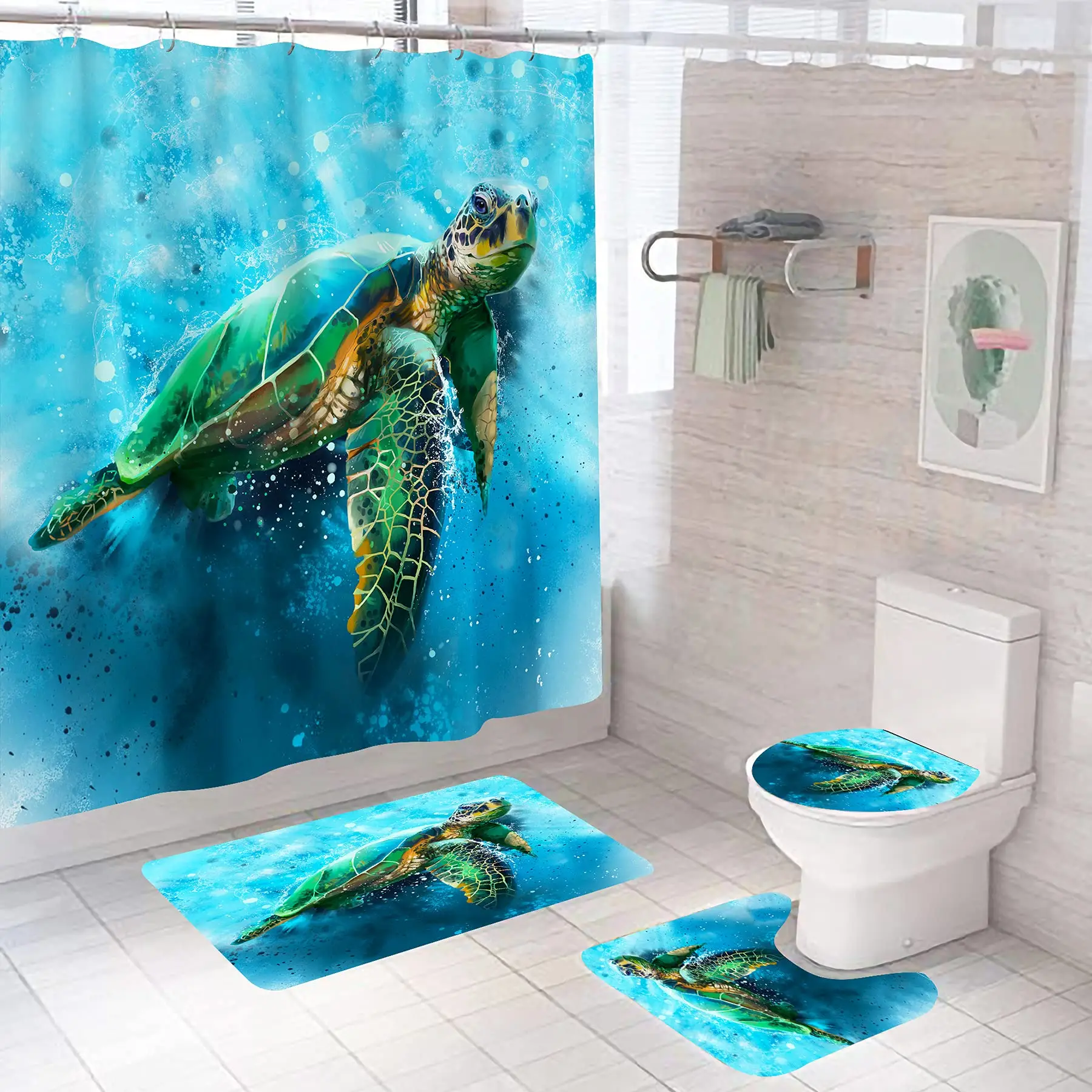 

Sea Turtle Shower Curtain Set Bathroom Rug and Accessories Ocean Nautical Shower Curtain Set with Hook Durable Waterproof Fabric