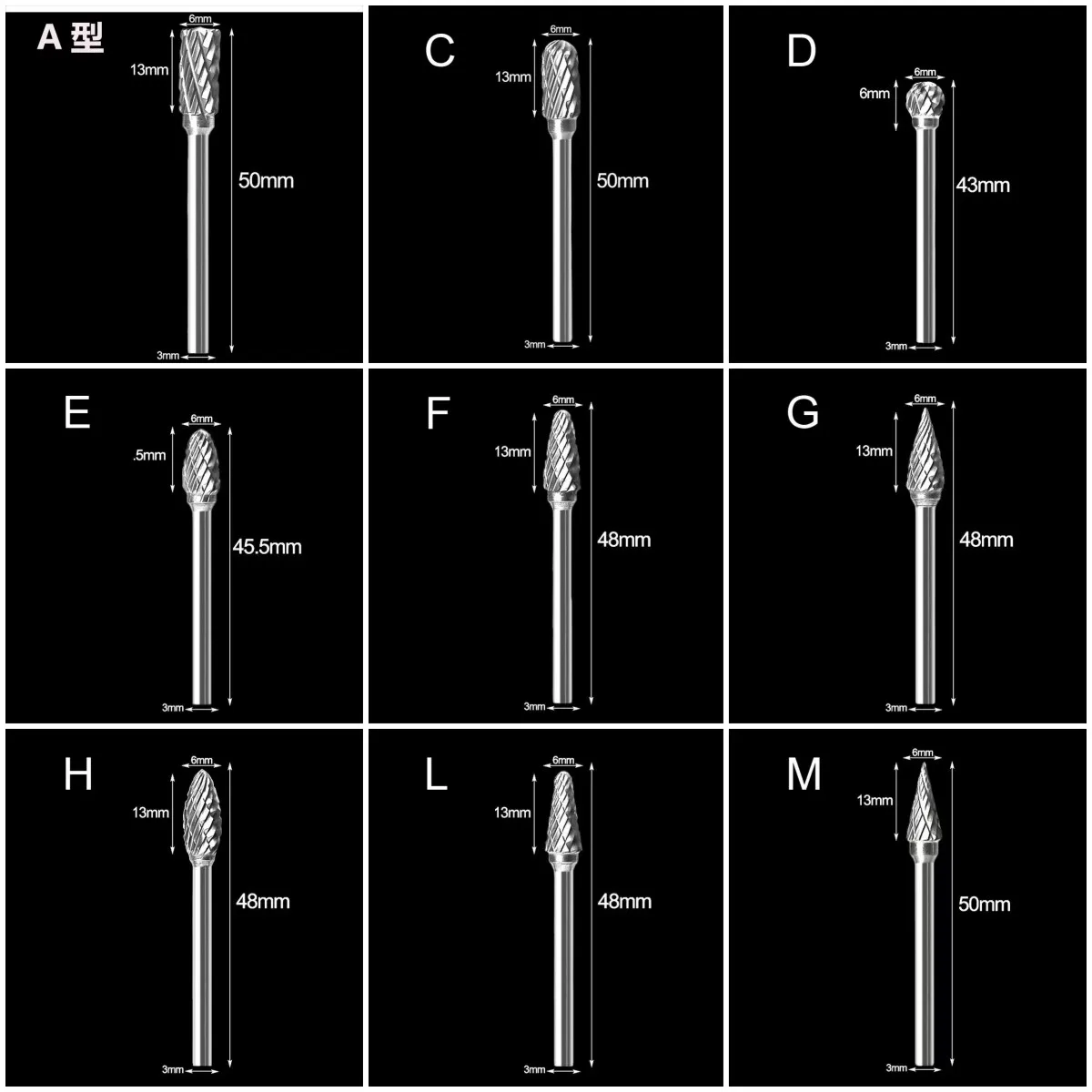 Carbide Rotary Burrs Set A C D E F G H L M 1/4 1/8 Shank Head For Woodworking Drilling Carving Engraving Polishing Rotary Burrs