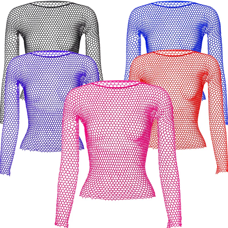 

2026 New Women Sexy Mesh Long Sleeve Fishnets Tops Slim Tops Hollow Out See Through Loose Female T-shirts Crop Soft Streetwear