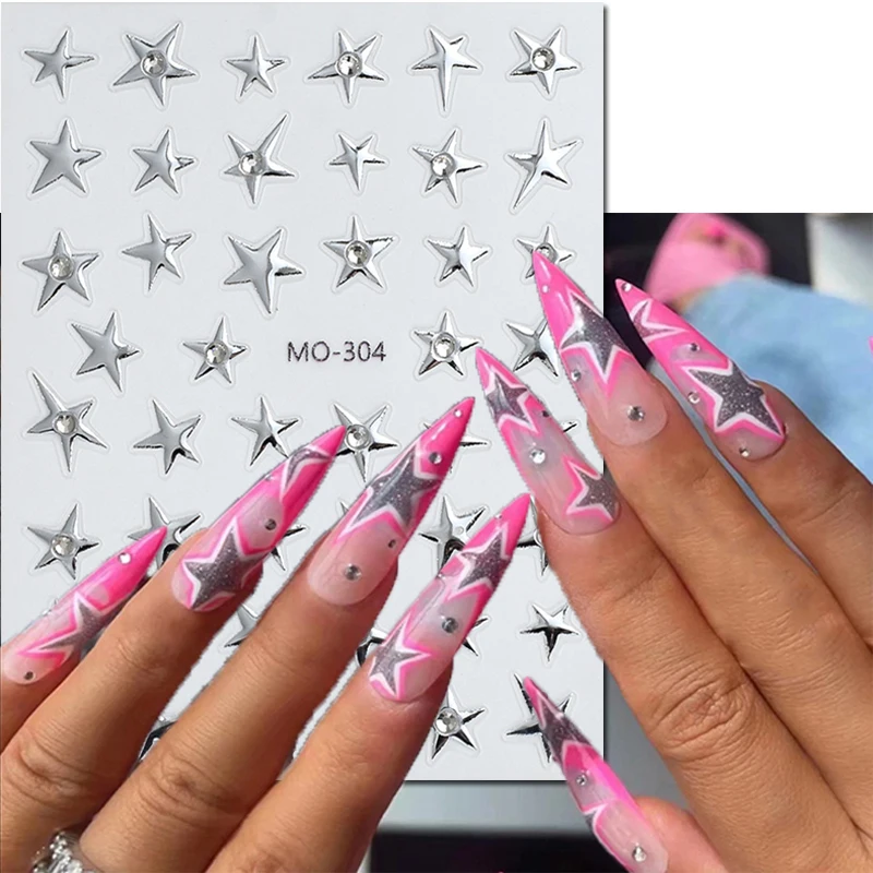 

5d Emboss Nail Art Stickers Irregular Metallic Silver Diamonds Stars Adhesive Sliders Decals Decorations For Nail Tips Manicures