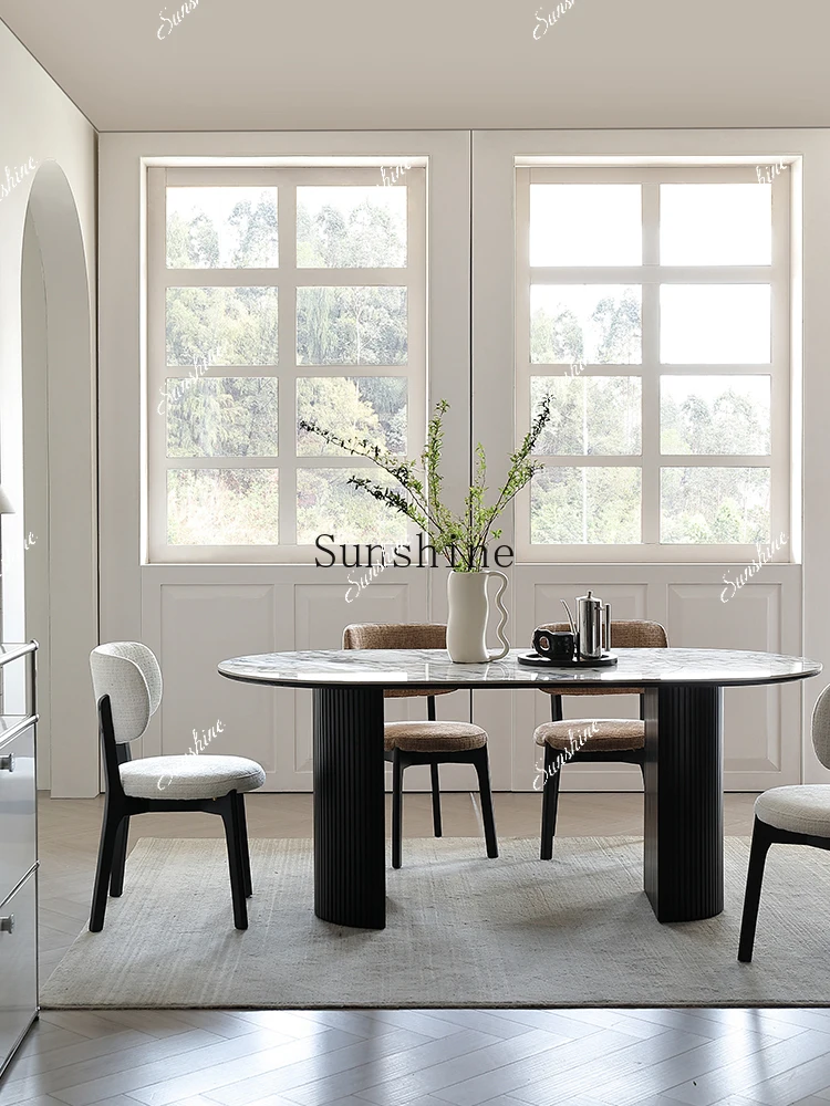 French retro light luxury home high-end rectangular rock slab dining table and chairs  FT