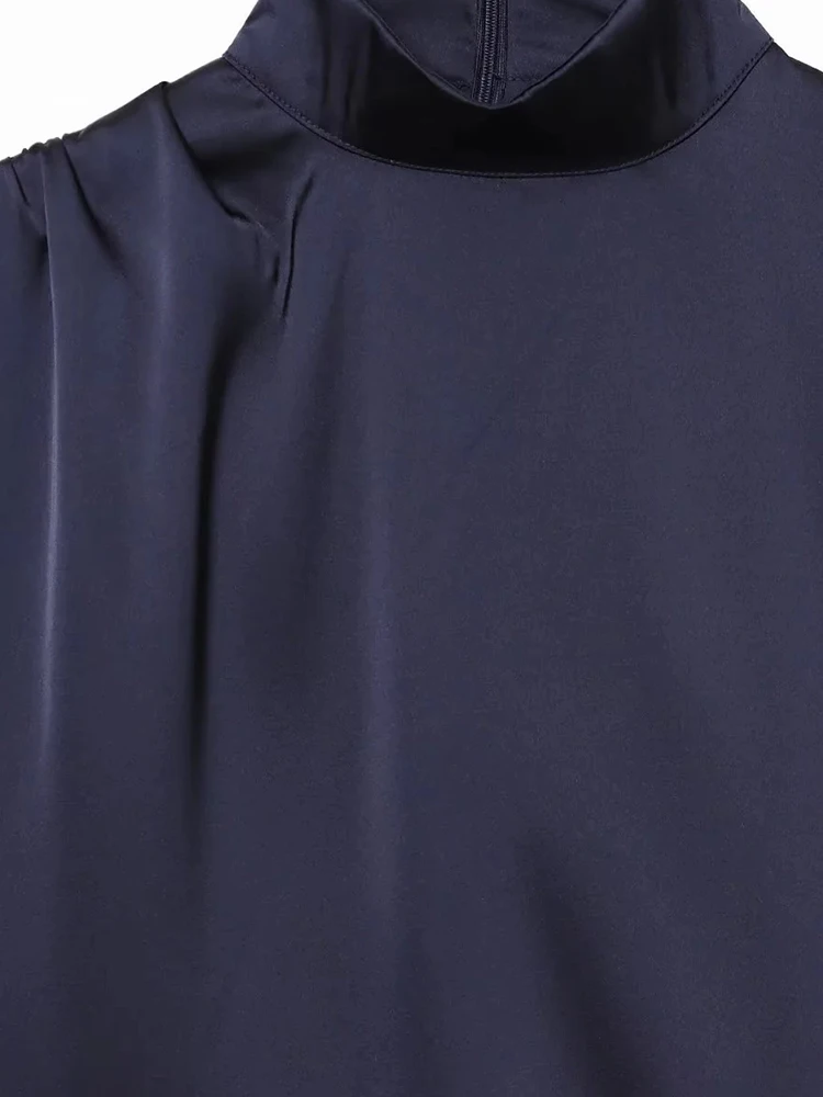 Abito da donna senza maniche in raso collo alto con volant laterale e orlo in pizzo Abito elegante per lavoro e date Abiti da donna