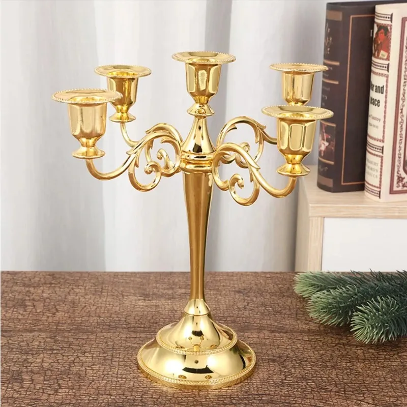 Vintage Gold Candle Holders Wedding Candelabra 5 Head Table Candlesticks Centerpieces Home Decore Retro Metal Candle Stand Gifts