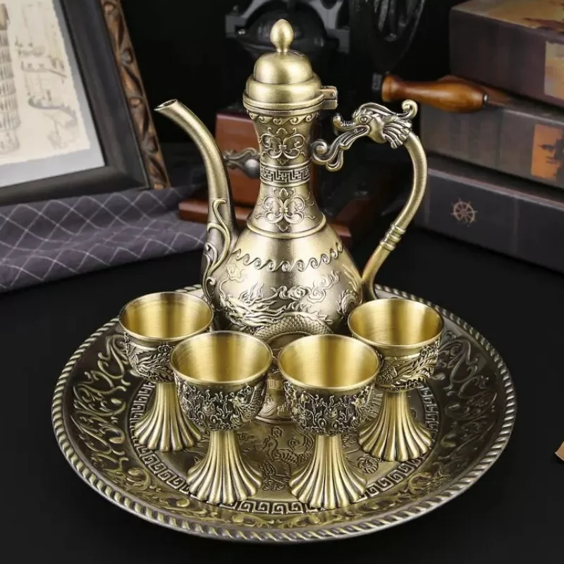 

European Wine Set, Alloy Home Wine Pot Wine Glass Set, Golden Vintage Glass, Pot Home Living Room Decoration,24cm,1Set