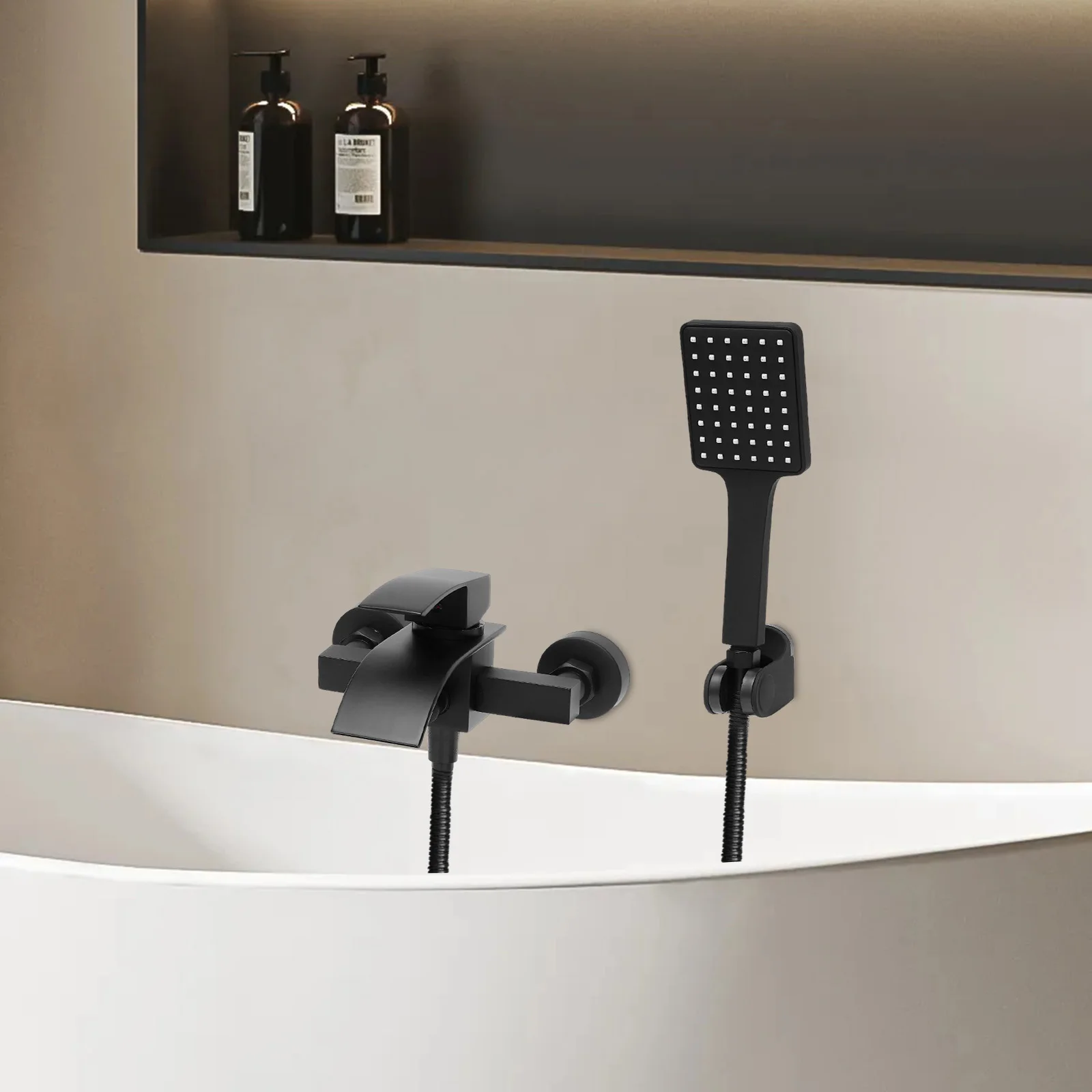 Waterfall Bath Mixer Faucet with Dual Water Outlets, Black Brass, Hand Shower and Hose, Includes Decorative Covers for Easy Inst