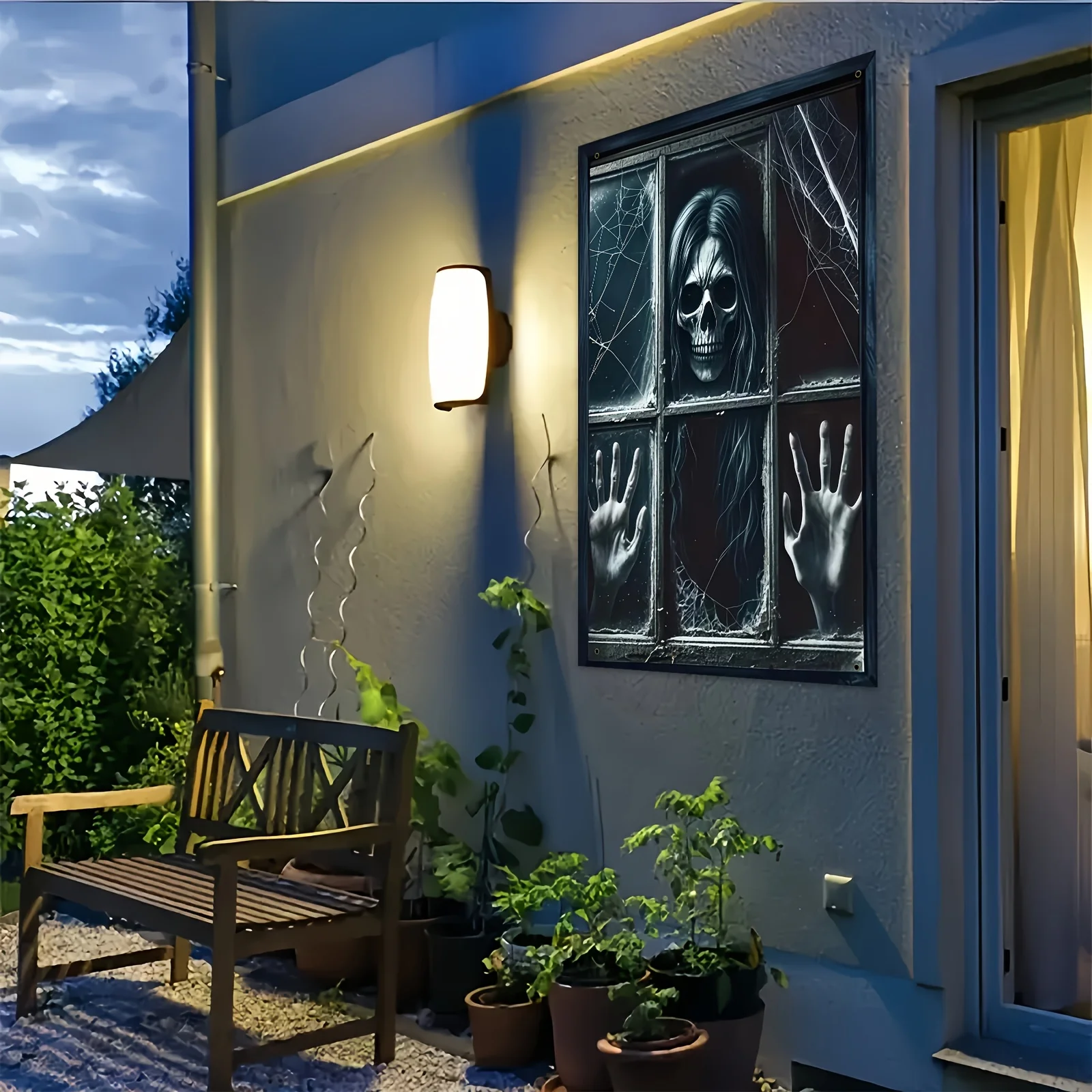 لافتة مسطحة ثنائية الأبعاد قطعة واحدة من لافتة حفلات الهالوين - ستارة شبكة عنكبوت على شكل جمجمة من البوليستر للديكور الداخلي والخارجي