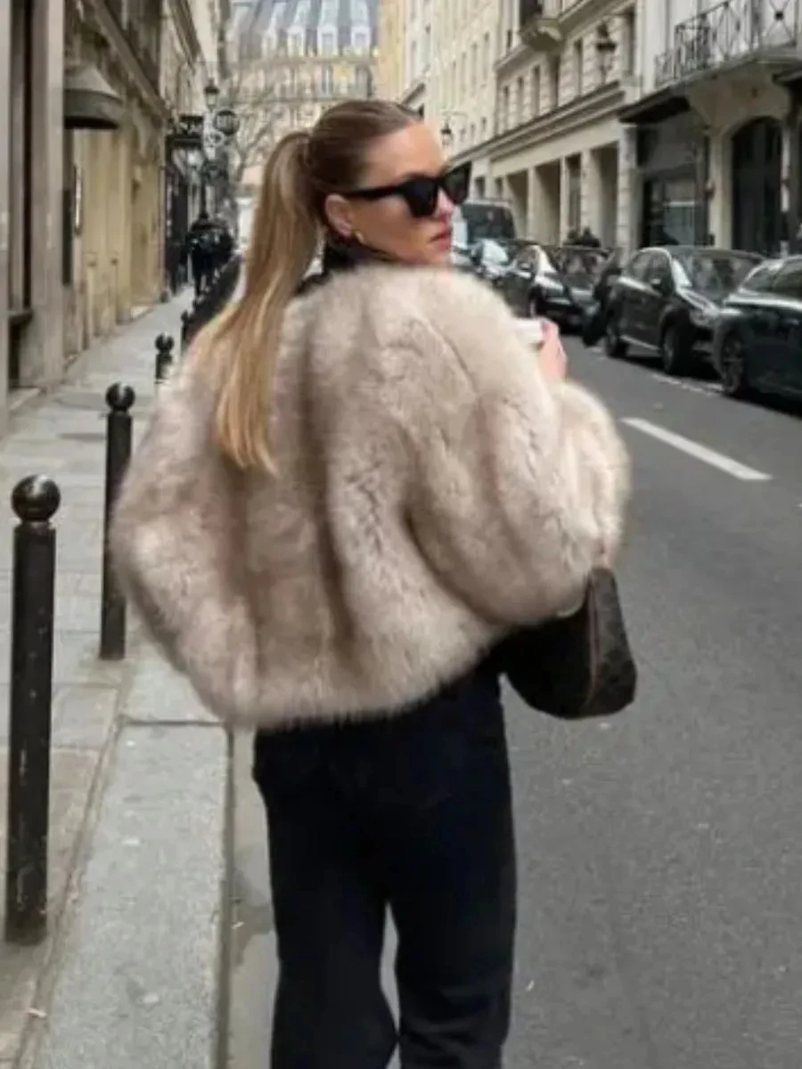Women Winter Faux Fur Coat Short Fluffy 2026 New Light Grey Old Money Elegant Warm Luxury Streetwear Outerwear