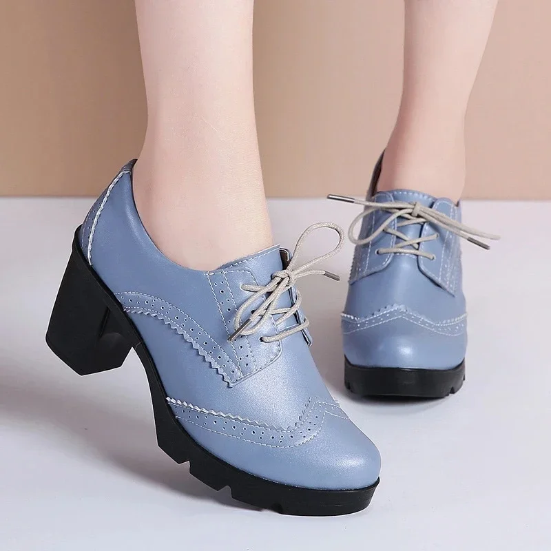 Women Pumps Shoes T Strape High Heels Brogue High Square Heel Genuine Leather Wedge Shoes Richelieu Woman