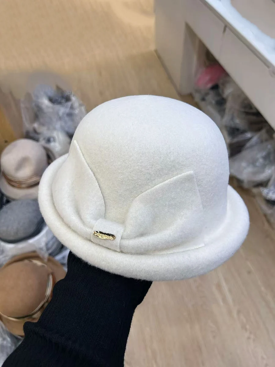 

Благородная элегантная шляпа-ведро ручной работы с бантом и закрученными полями, шерстяная купольная шляпа-ведро, осень-зима, хорошее качество, модная кепка для бассейна, женский подарок