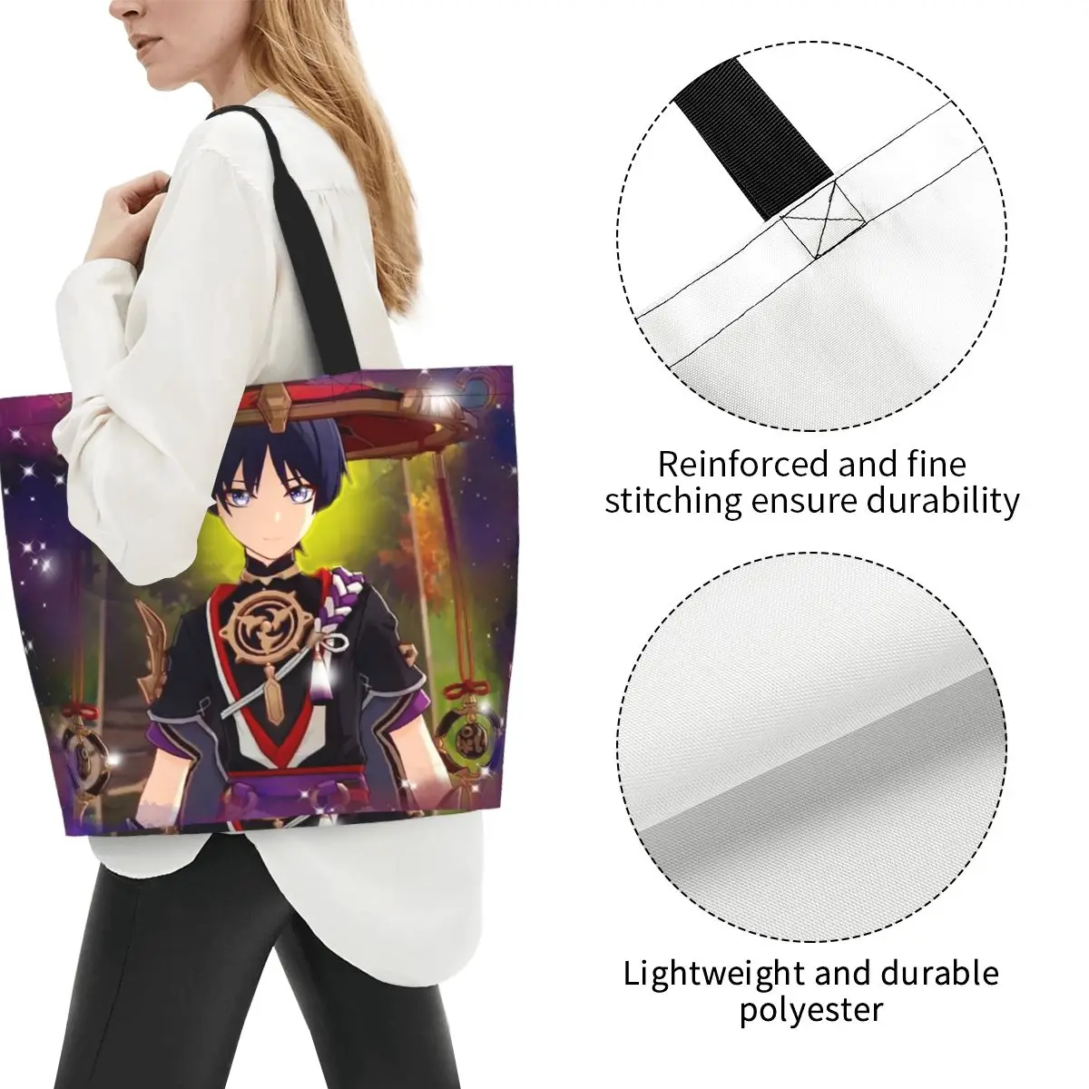 Scaramouche Genshin Impact Husbando Shopping Tote Bag Canvas Large Capacity Shoulder Bags Shopper Grocery Handbag for Women