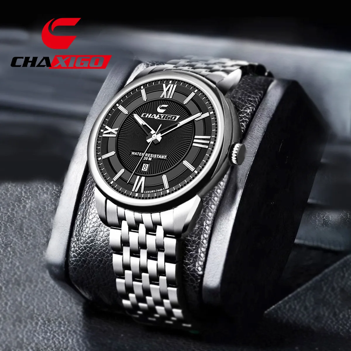 

CHAXIGO 7446 Top Brand Men's Quartz Watch Automatic Date Waterproof Stainless Steel Strap Business Watches for Man Reloj Hombre
