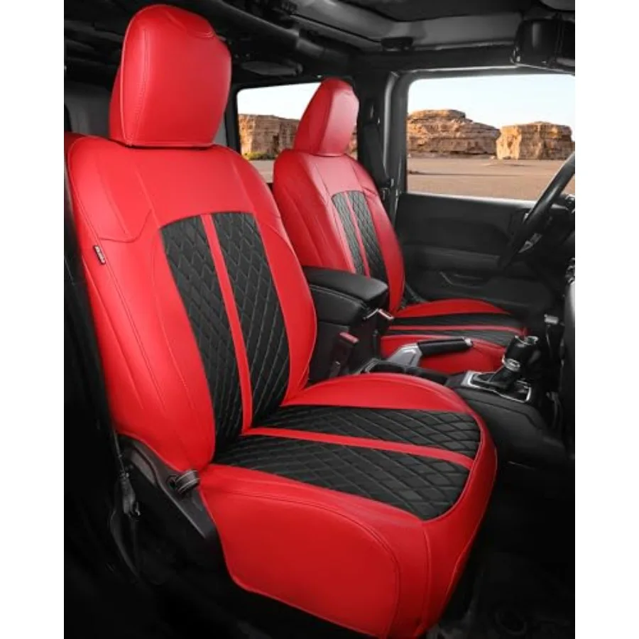 

Чехлы для сидений Jeep Wrangler 4-дверные JL 2018-2026, полный комплект, на заказ, из роскошной водонепроницаемой кожи, красно-черные, без задних чехлов