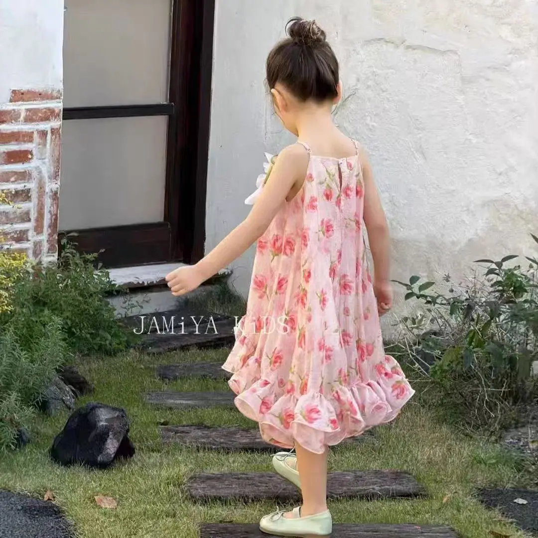 Girls Summer New Pink Tulip Petal Dress Children's Beach Holiday Dress Floral Print Skirt for Kids