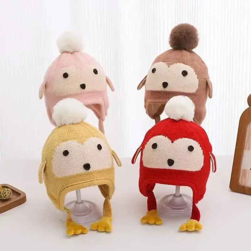 0-4Y Jungen Mädchen Winddichte Mütze Neugeborenes Baby Strickmütze Winter Warm Pinguin Earflap Beanie Niedliche Pom Pom Paw Hut