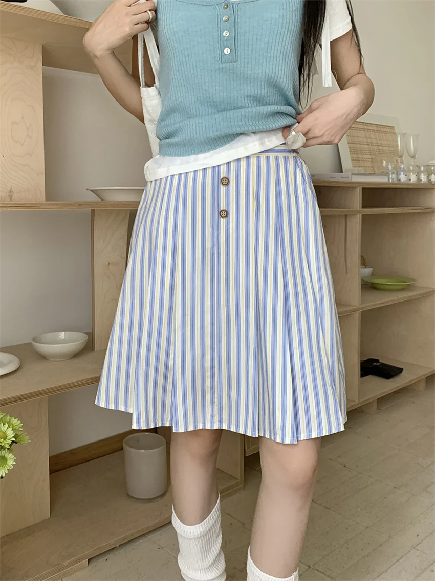 

Alien Kitty Preppy Style Skirts Women Stripes Loose Chic New Casual Gentle All Match High Waist Summer Streetwear Daily Fashion