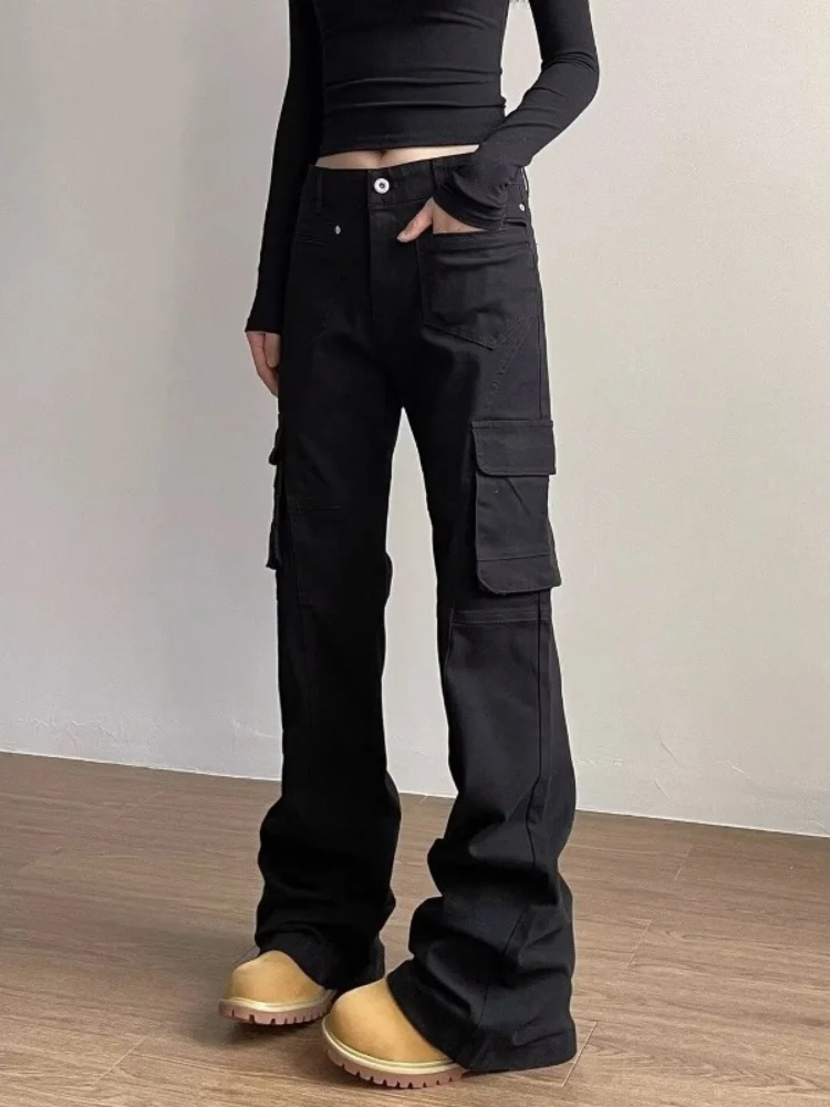 2025, Cyber Y2K Mode Schwarz Slim Flare Cargo Jeans Hosen Für Frauen Kleidung Multi Taschen Kleid Dame Lange Hosen Ropa Mujer