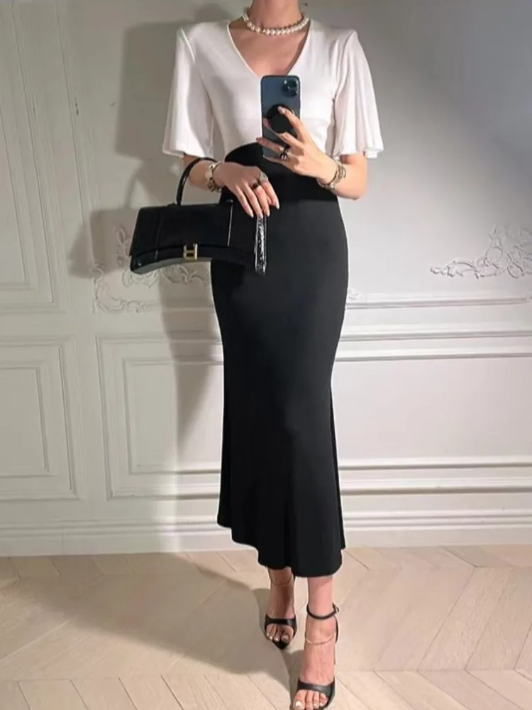 2025 أنيقة محبوك فستان طويل المرأة موضة س الرقبة قصيرة الأكمام Bodycon فساتين الإناث الجلباب سترة vestidos الفقرة mujer