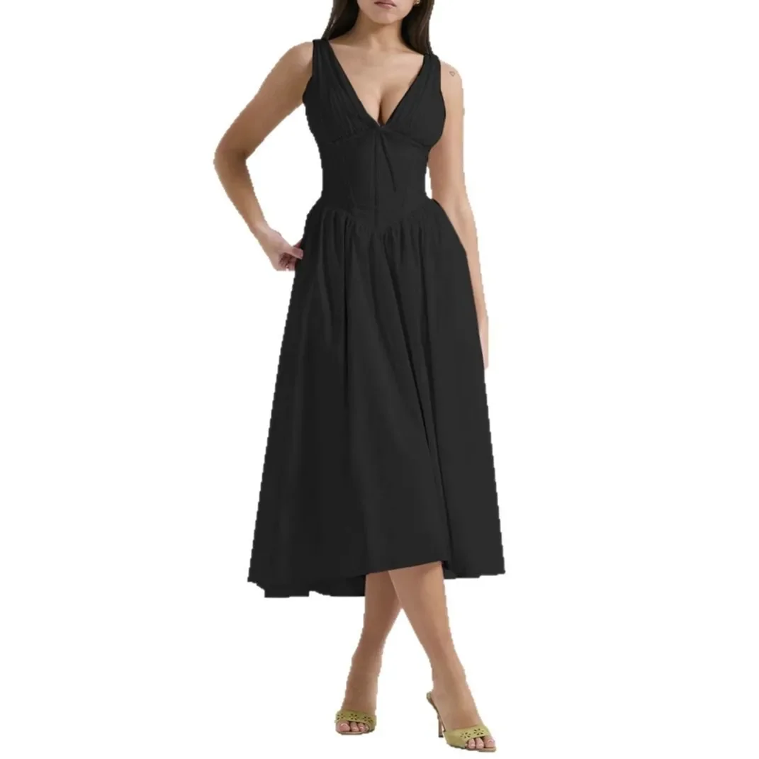 

2025 Spring and Summer New Models Slim-fitting Suspender Dress Casual Printed V-neck Temperament Dress European and American