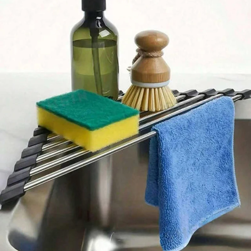Escorredor de Louça Triangular Dobrável de Aço Inoxidável para Pia de Cozinha, Organizador de Canto Sobre a Pia, Suporte para Esponja e Pano