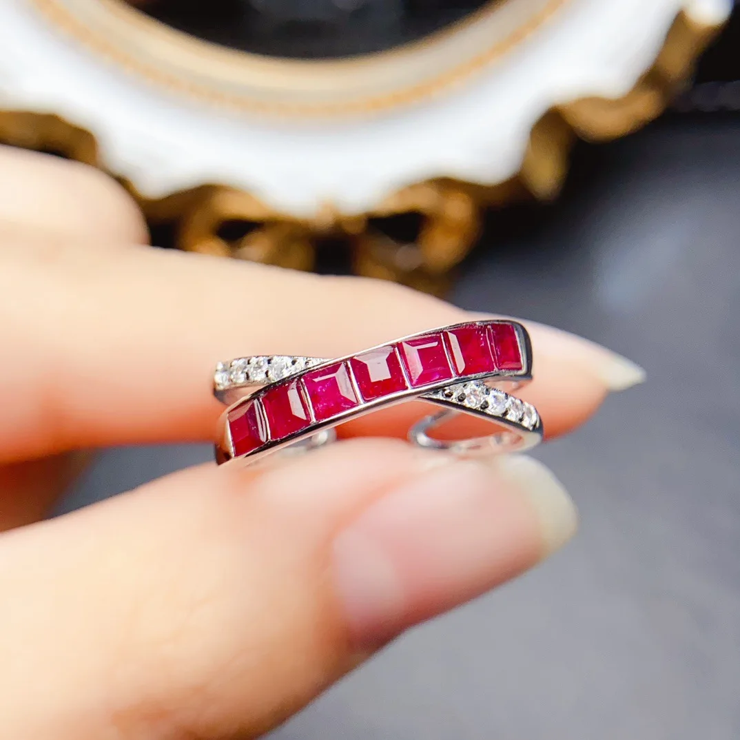 Natural Ruby Ring 3x3mm Adjustable, S925 Silver Inlaid Red Gemstone Jewelry