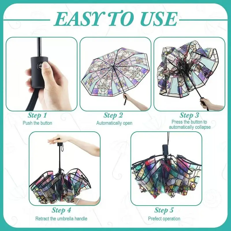 

Transparent Folding Umbrella Stained Glass Transparent Umbrella Automatic Romantic Church Retro Thicken Rain Umbrella