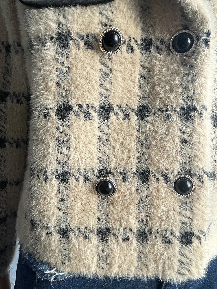 Cropped Plaid Knitted Blazer Vintage Classic Style Short Sweater Jacket Pockets Knitwear Coat Autumn/Winter Woman Clothing