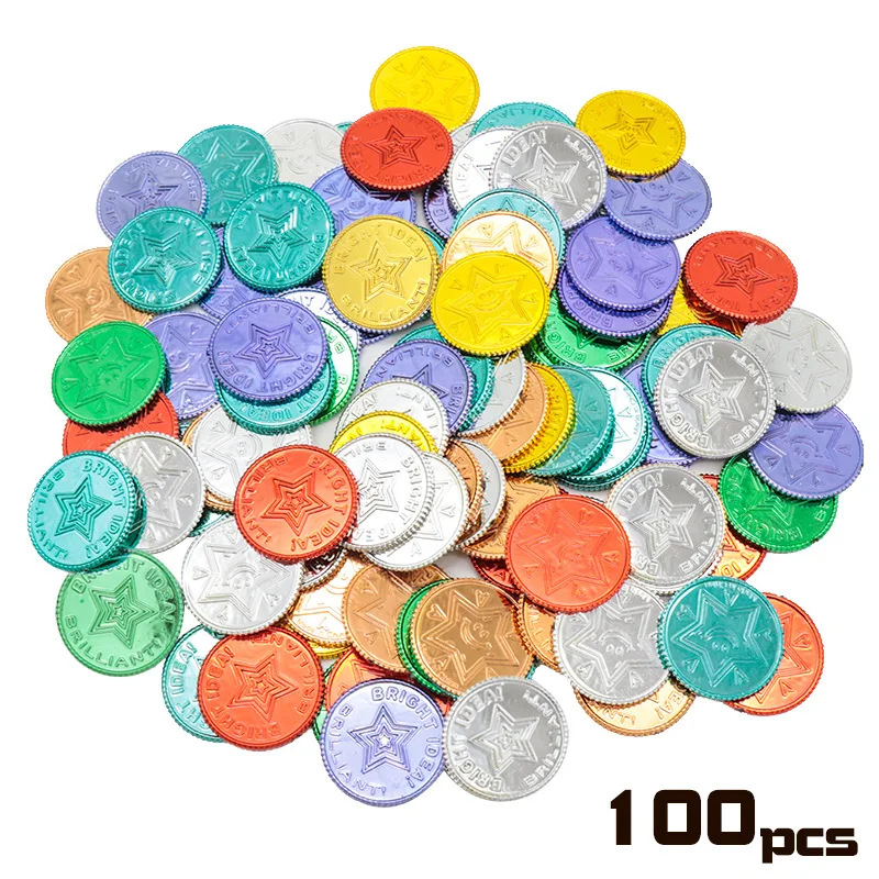 100pcs Christmas Event Game Treasure Pirate Gold Coin Seven Color Lucky Coin Wish Plastic Gold Coin Props for Wedding Party Deco