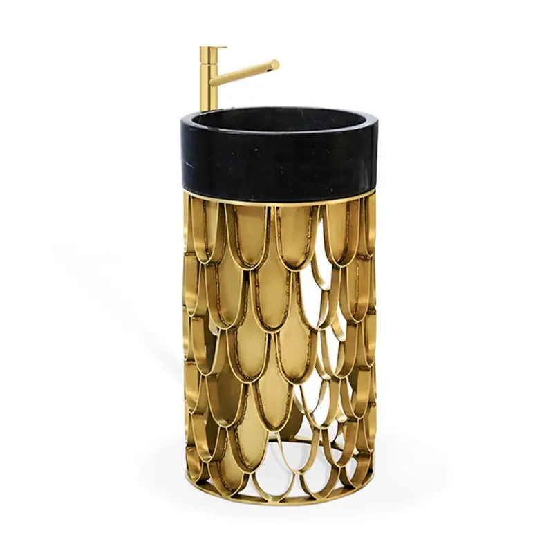 

Light luxury creative stainless steel washbasin designer high-end hotel villa home marble column basin floor type