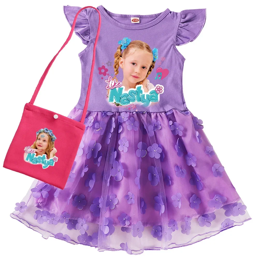 Russian Like Nastya Clothes Kids Wedding Party Lace Dress Baby Girls Short Sleeve Casual Dresses with Small Bag Children Vestido