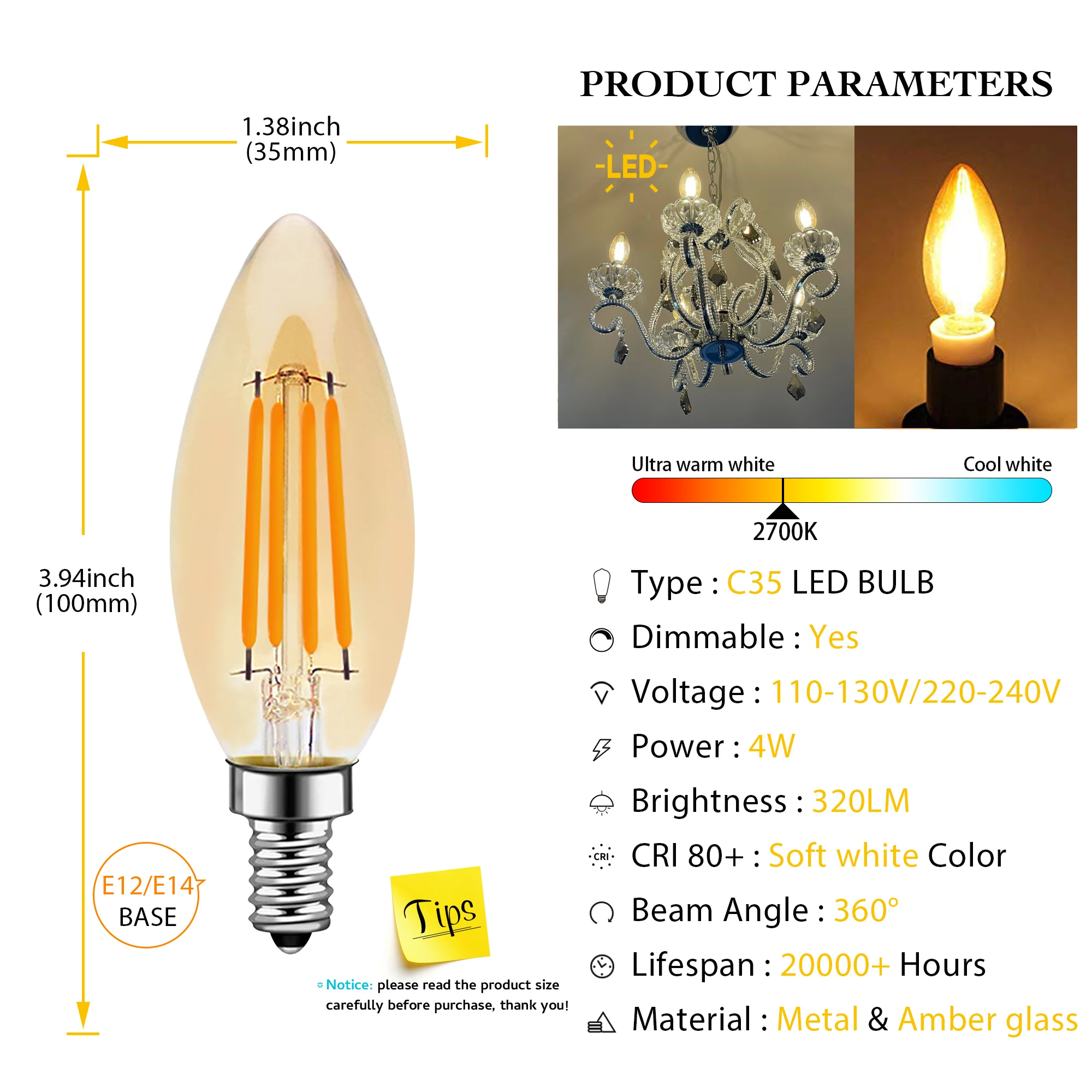 Genixgreen C35 Candle Led Bulb Dimmable Amber Glass 4W E12 E14 Base Warm White 2700K Retro 110V 220V Light Bulb For Chandelier