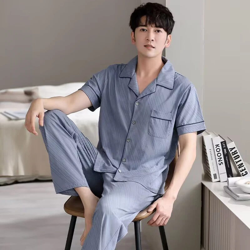 High Quality Pyjamas Men Spring Summer Pure Cotton Breathable Pajamas Short Sleeved Cardigan Casual Male Home Cloth Suit Youth