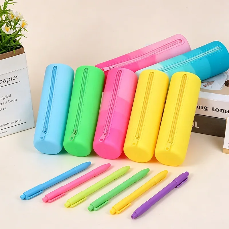 Large Capacity Portable Circular Silicone Pencil Case, Waterproof Zipper Storage Pencil Case, Student School Office Supplies