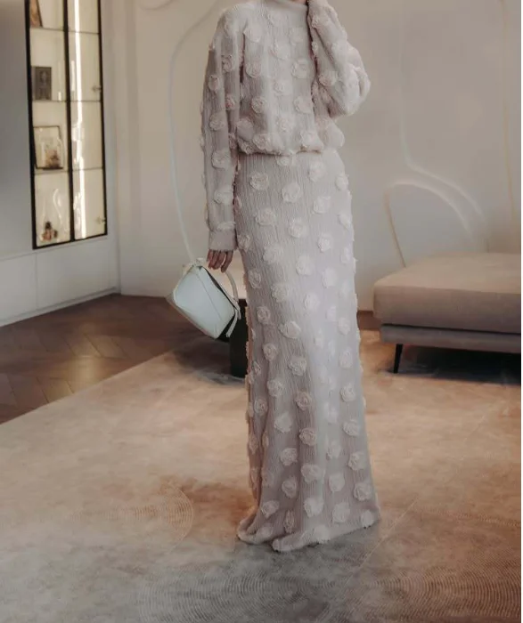 

Fashionable and elegant floral lantern sleeve half skirt knitted set, new women's clothing for spring and summer 2025