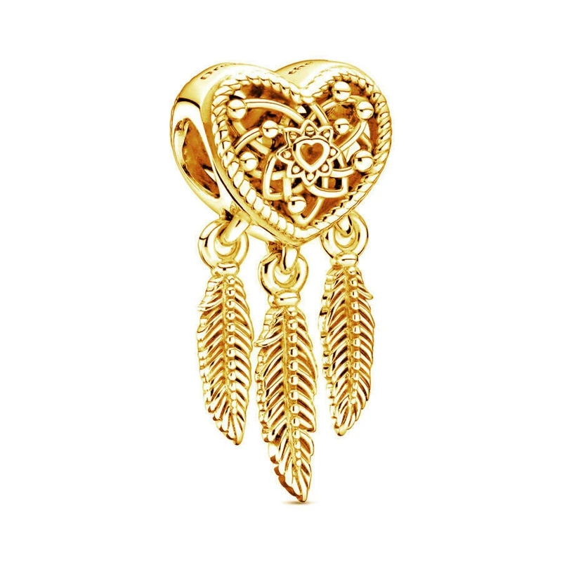 Rose Gold & Gold Plated Openwork Feathers Dreamcatcher Charm Bead Fit Original 925 Sterling Silver Women Bracelet Jewelry Gift