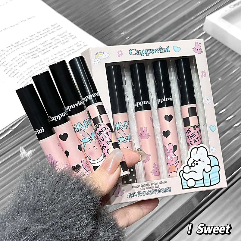 Czterokolorowy zestaw błyszczyków do ust Happy Rabbit Water Gloss Lekka i gładka konsystencja Nawilżająca, łatwa do pokolorowania pomadka do ust