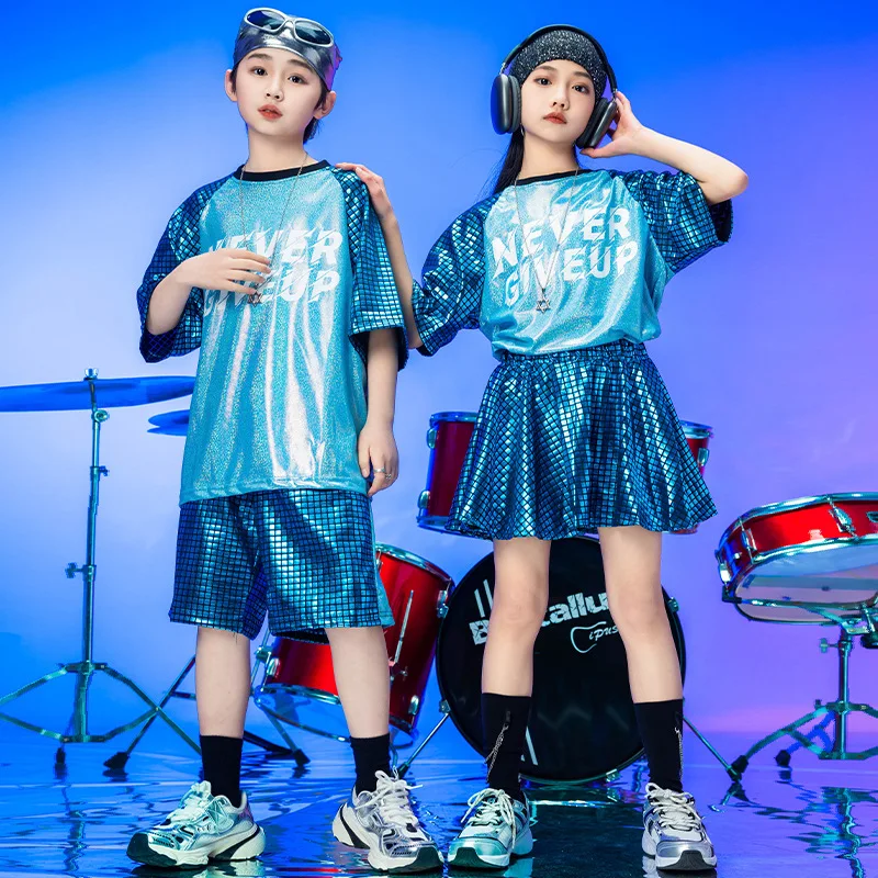 

Kids hip hop show sequins cheerleading costumes jazz blue shiny gigs short sleeves round neck T-shirts short skitts shorts