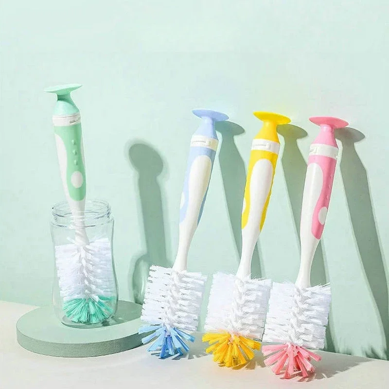 2 in 1 Mother-child Nylon Baby Bottle Cup Cleaning Brush Suction Stand Type Feeding Clean Tool Set