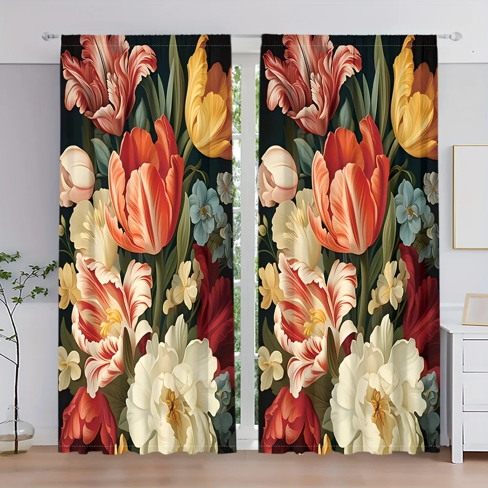 Elegant Floral Curtains Set 2pcs Botanical Tropical Flower Window Curtain Pair Black Background Luxury Home Decor