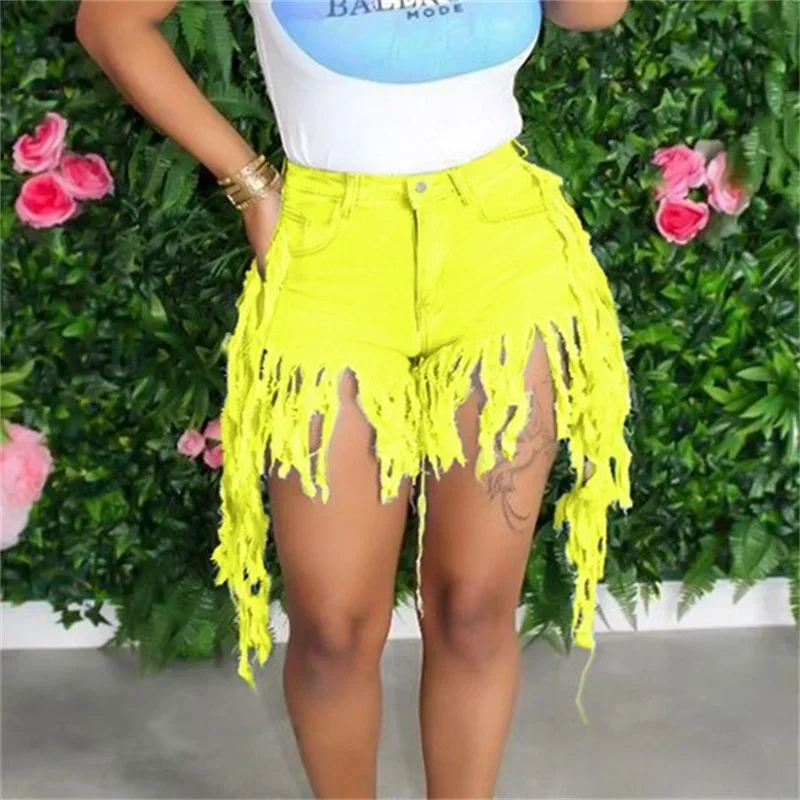 Pantalones cortos de mezclilla con flecos para mujer, minivaqueros de cintura alta con botones, informales, ropa de calle de tres cuartos