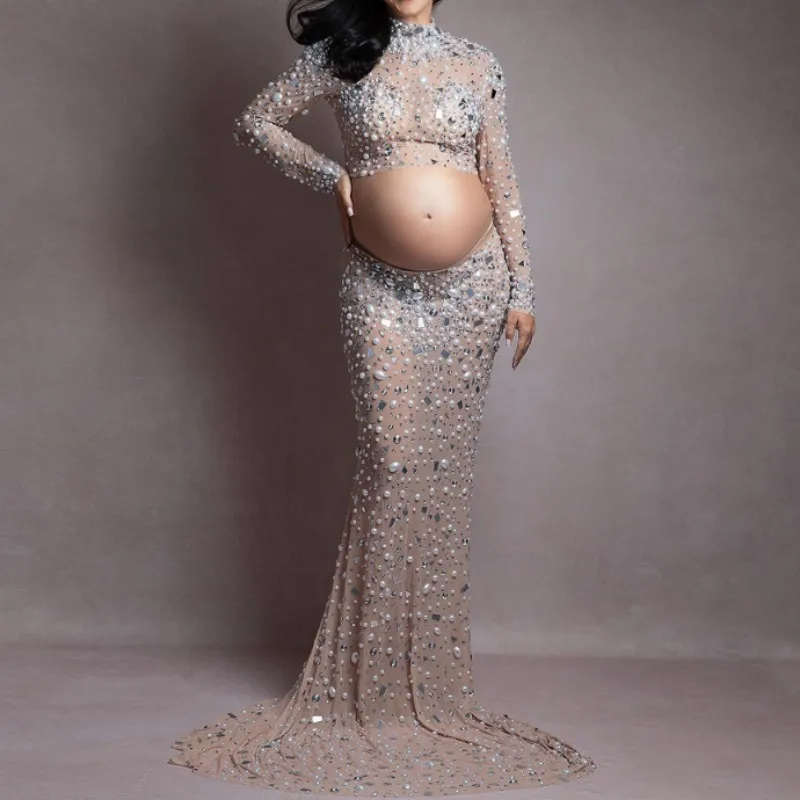 Vestido de fotografía de maternidad Sexy con cuentas, Vestido largo de tela elástica con diamantes de imitación de perlas brillantes divididas para sesión de fotos de maternidad