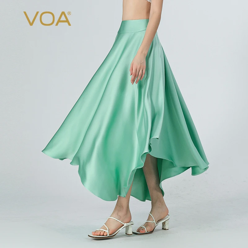 (Fans Exclusive Discount) VOA Mint Green Satin Smooth Heavy Silk Streetwear Asymmetrical Natural Waist Swing Elegant Skirt CE192