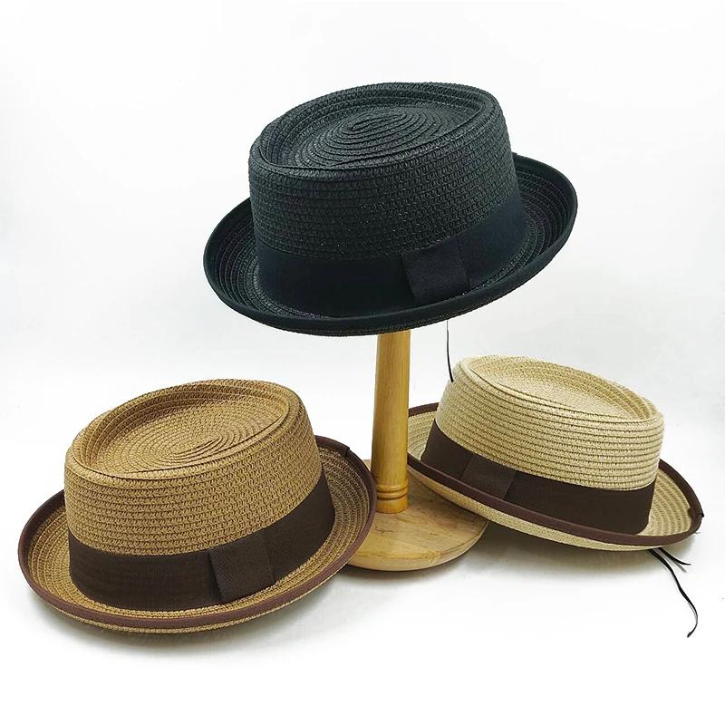 

Small Top Hat Curled Men's and Women's Straw Hat Pork Pie Hat 2024 New Sun Hat Summer Beach Hat Gentleman Hat Bow Accessories