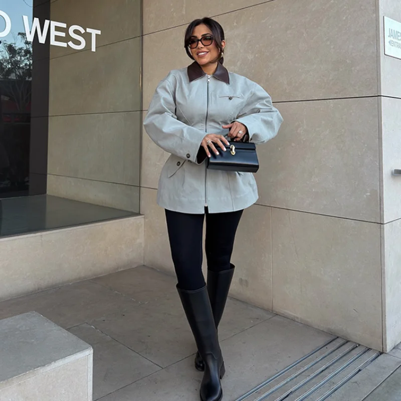 

Trendy Effortless Jacket Zip-up Casual Stylish Loose-fit Female Outerwear Vintage Commute Women Chic Daily Streetwear
