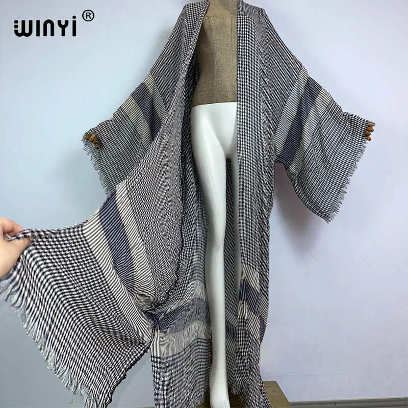 WINYI nowy letni nadruk kobiety sweter plażowaty sexy Boho Maxi afrykański wakacje z długim rękawem jedwabna sukienka kimono kaftan