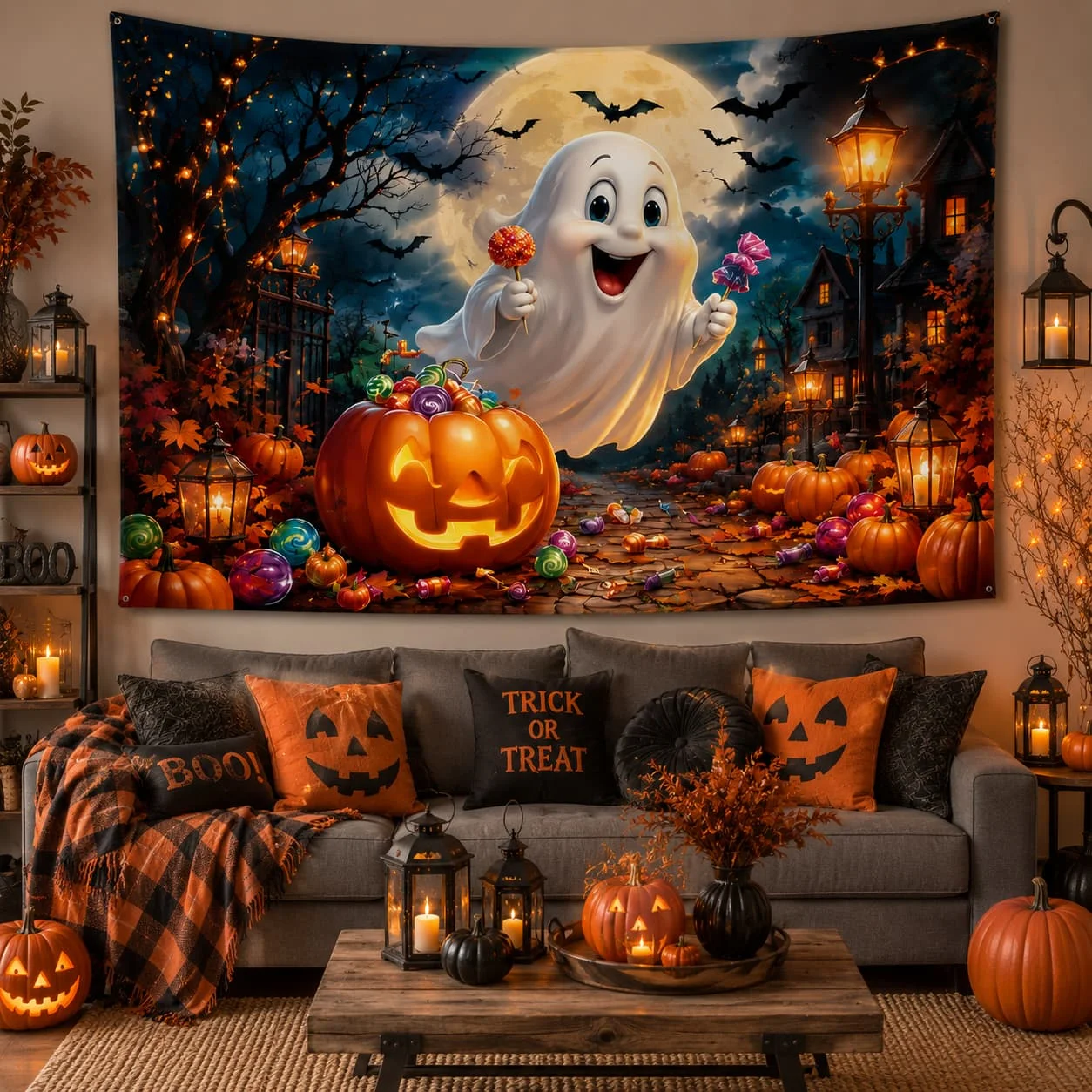 [Halloween] 2D Flat, 2D Flat - 2D Flat, 2D Flat - 2D Flat 1pc Banner, 1pc Ghost Pumpkin Halloween Door Decoration, Halloween Candy Hunt, Bat Candy Halloween Photo Background Party Decoration And Home Decor