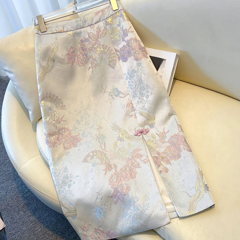 

2025 Spring Summer Women Chinese Luxury Dobby Floral Stretchy High Waisted Skirt , Woman Middle Length Jacquard Skirts