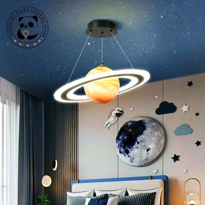 Luces colgantes creativas modernas, pantalla de lámpara circular de Planeta, candelabros de techo para habitación de niños, accesorios de decoración de arte para interiores