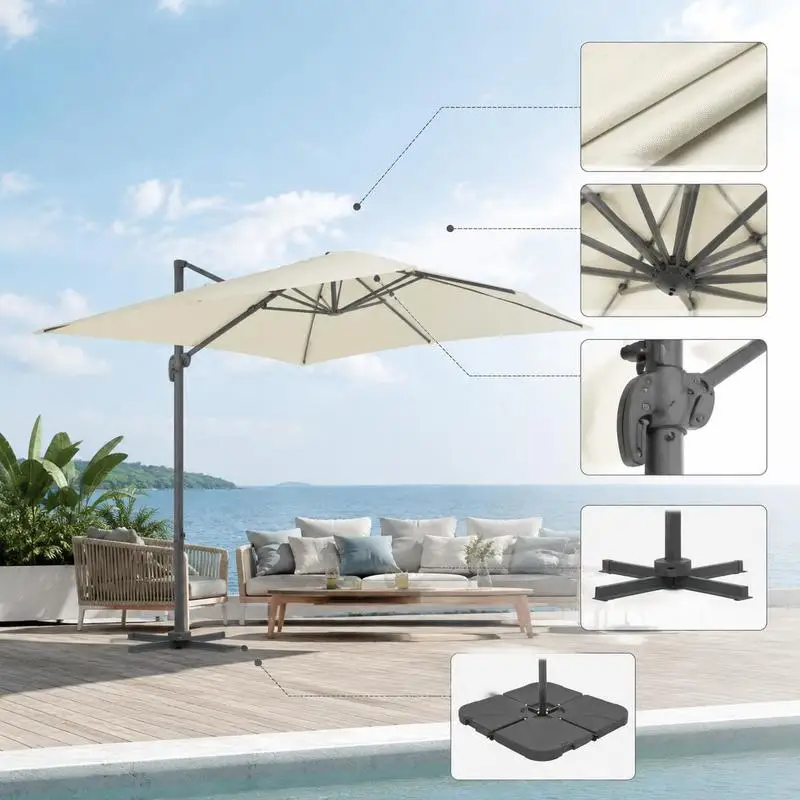 Parasol de terrasse extérieur avec base portable, design inclinable à manivelle, blanc sable, idéal pour terrasse, balcon, piscine, jardin, café, salle à manger, salon extérieur, parfait pour la détente en jardin, la protection solaire sur balcon, les activités d'exposition et les événements de réception en extérieur.
