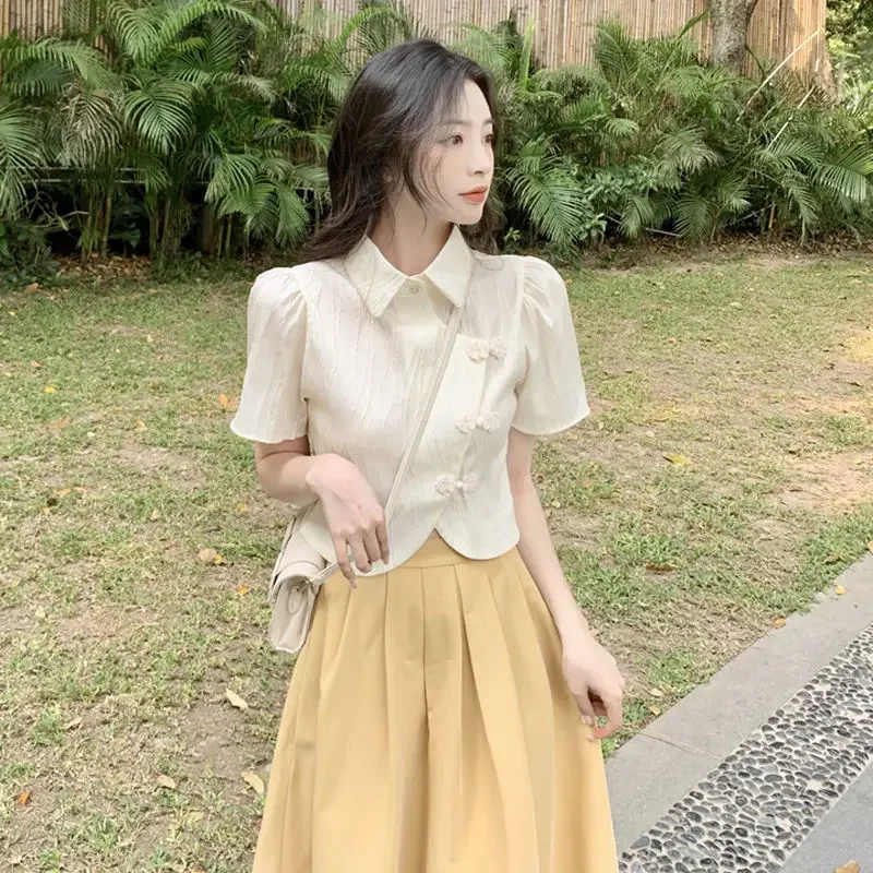

Тонкие однотонные рубашки в китайском стиле с отложным воротником и короткими рукавами, женские летние модные топы с нерегулярным темпераментом