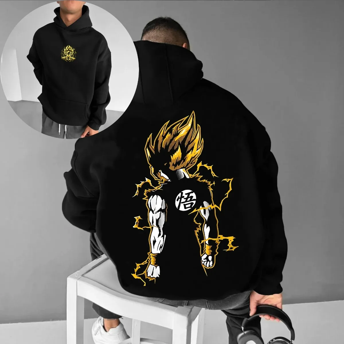 Dragon Ball 2025 nuevo Goku Super Saiyan Lightning Back estampado Sudadera con capucha hombres negro amarillo Kanji Go Streetwear Anime sudadera Casual
